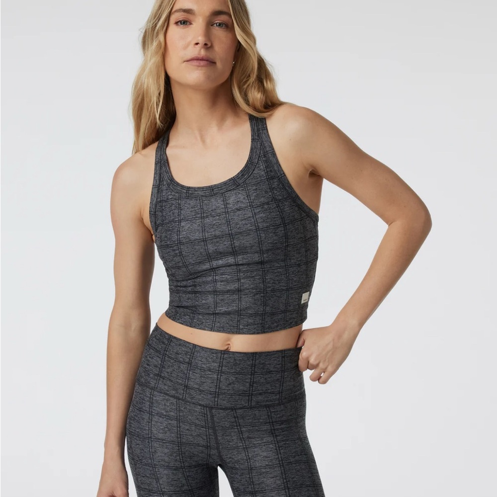 Vuori Gray Charcoal Windowpane Racerback Sports Bra Tank